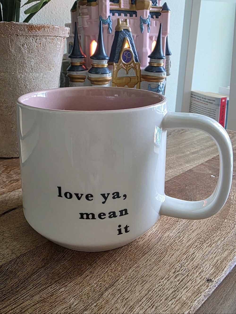 Threshold White Ceramic Mug with Pink Interior and Script "Love Ya, Mean It"